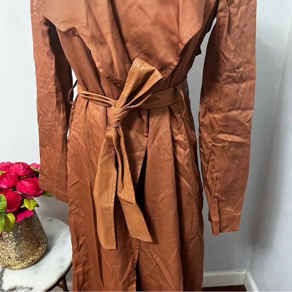 Badgley Mischka Faux Leather Trim Cedar Color Long Trench Coat - Duplicate - Picture 7 of 16